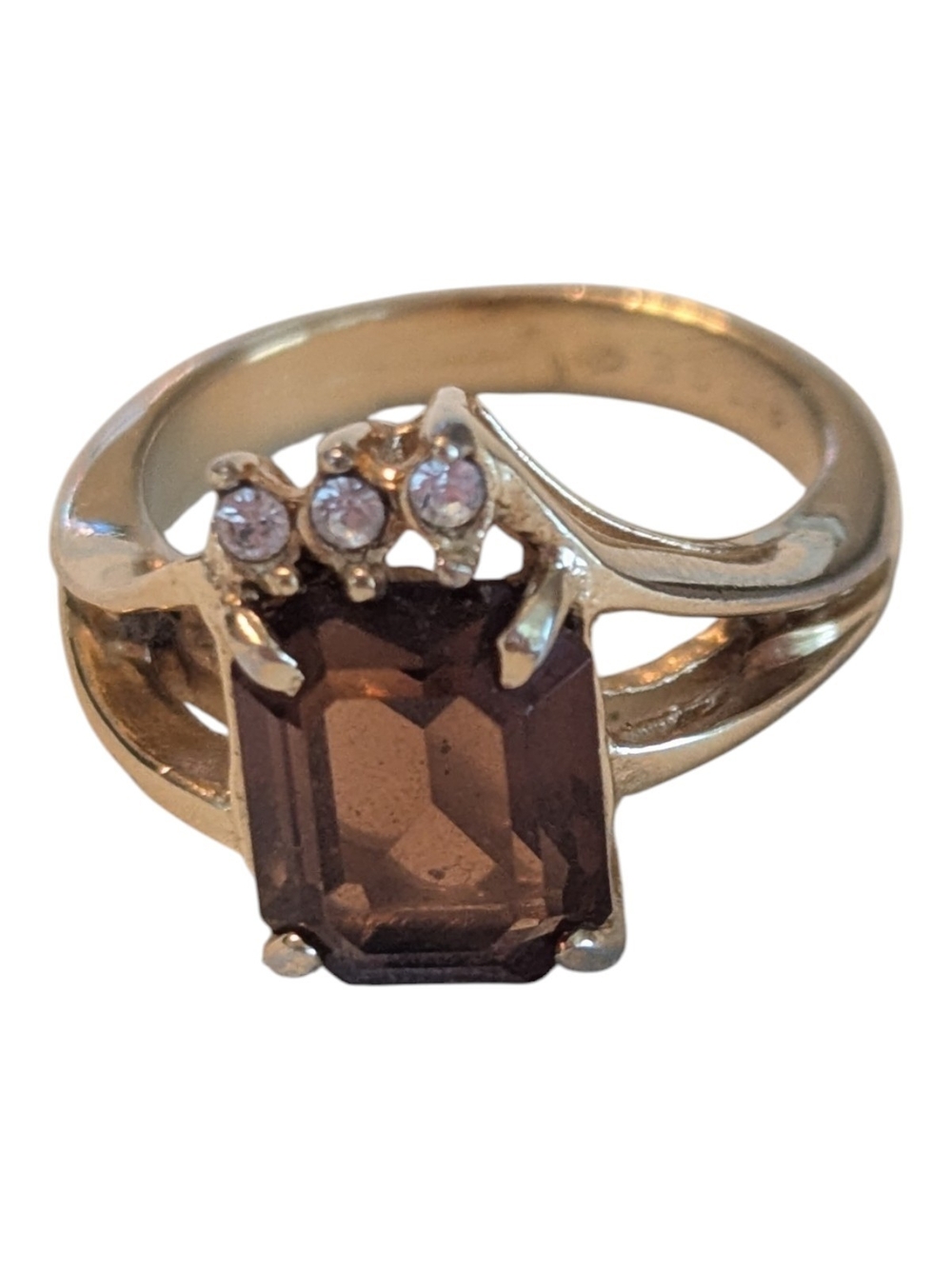 VTG 80 Providence R.I. 18K Gold Electroplated Smokey Topaz & 3 Clear Stones Ring